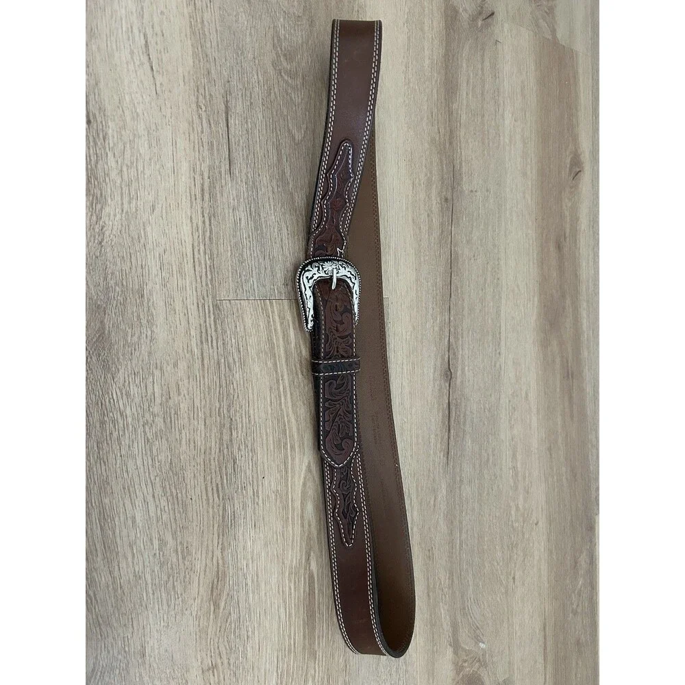 Vintage Men's 46 Brown Embossed Leather Belt with Antique Silver Buckle Western